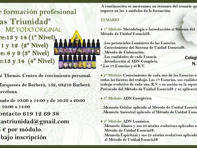 CURSO DE FORMACIÓN PROFESIONAL *ESENCIAS TRIUNIDAD®* en BARCELONA. Facilita CARMEN ROMANELLI.