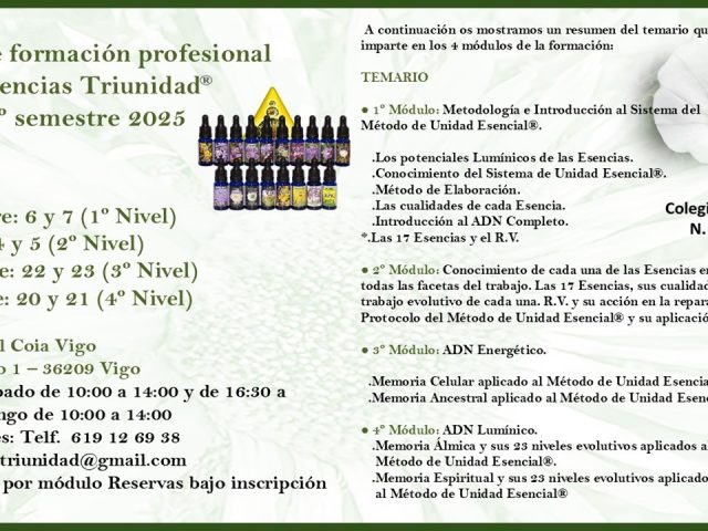 CURSO DE FORMACIÓN PROFESIONAL *ESENCIAS TRIUNIDAD®* en VIGO. Facilita CARMEN ROMANELLI.